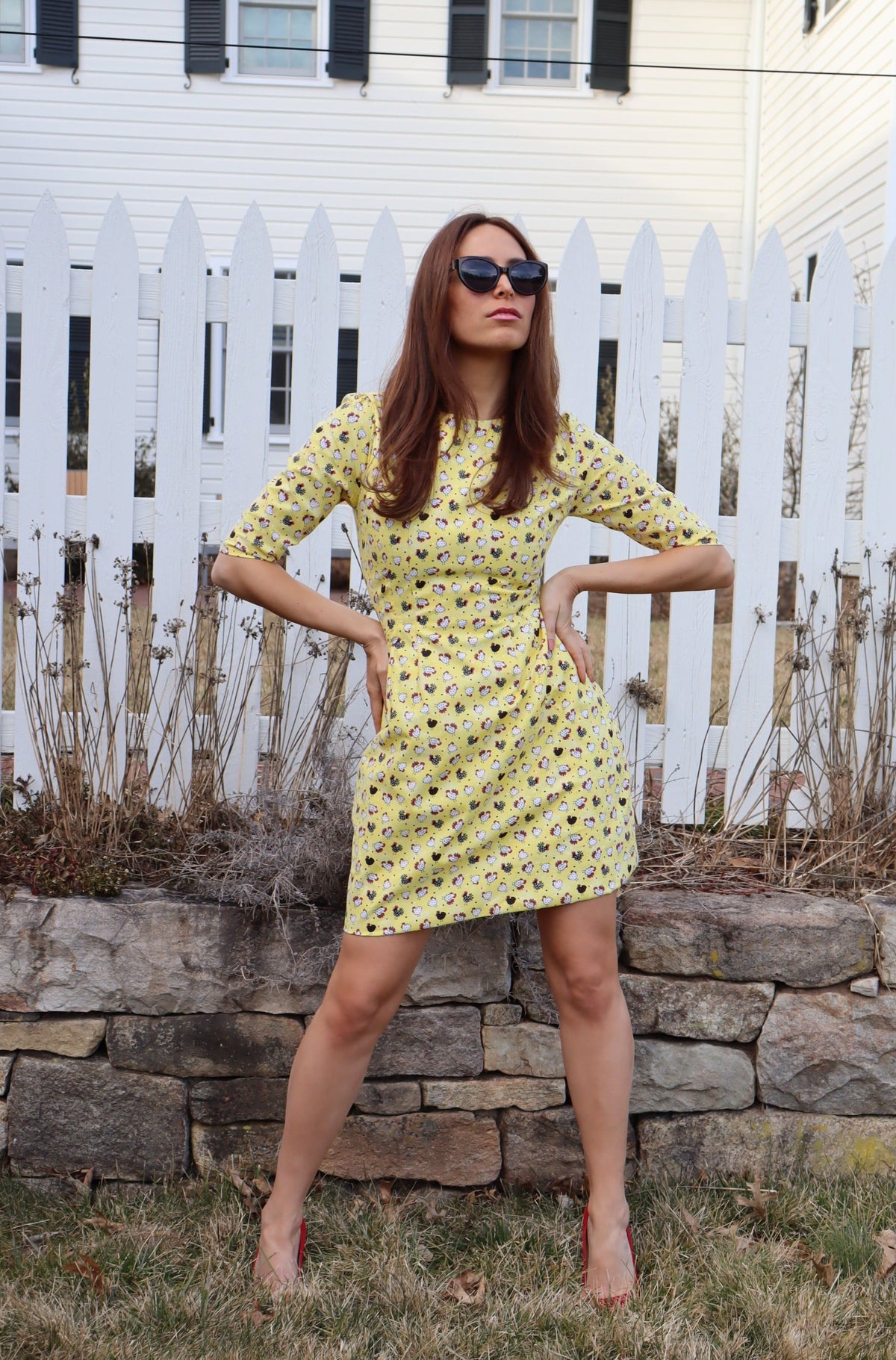 Model wearing Editorial Chicken Dress,  a cute chicken print classic shift dress.