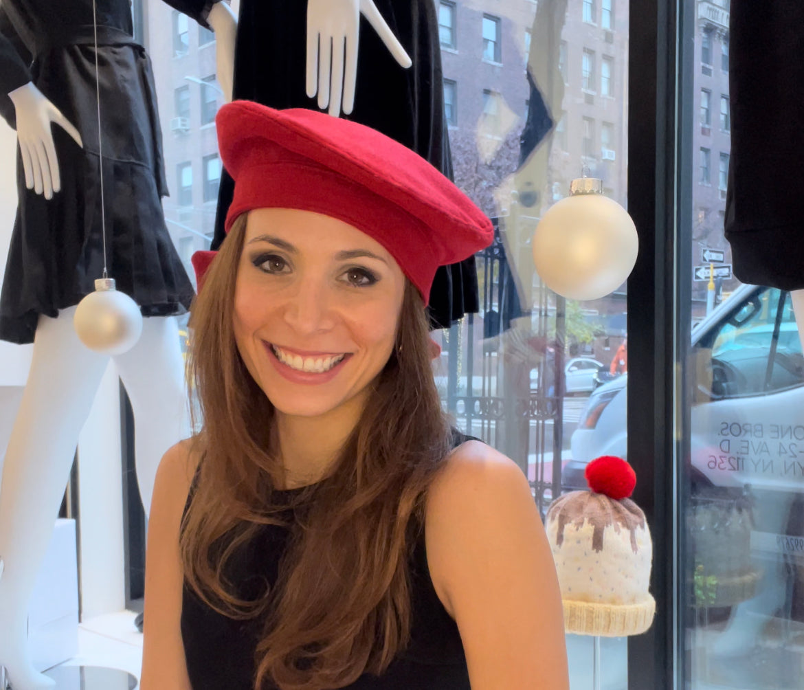 Our model wearing our beautiful red bow beret looking stylish for the season￼￼